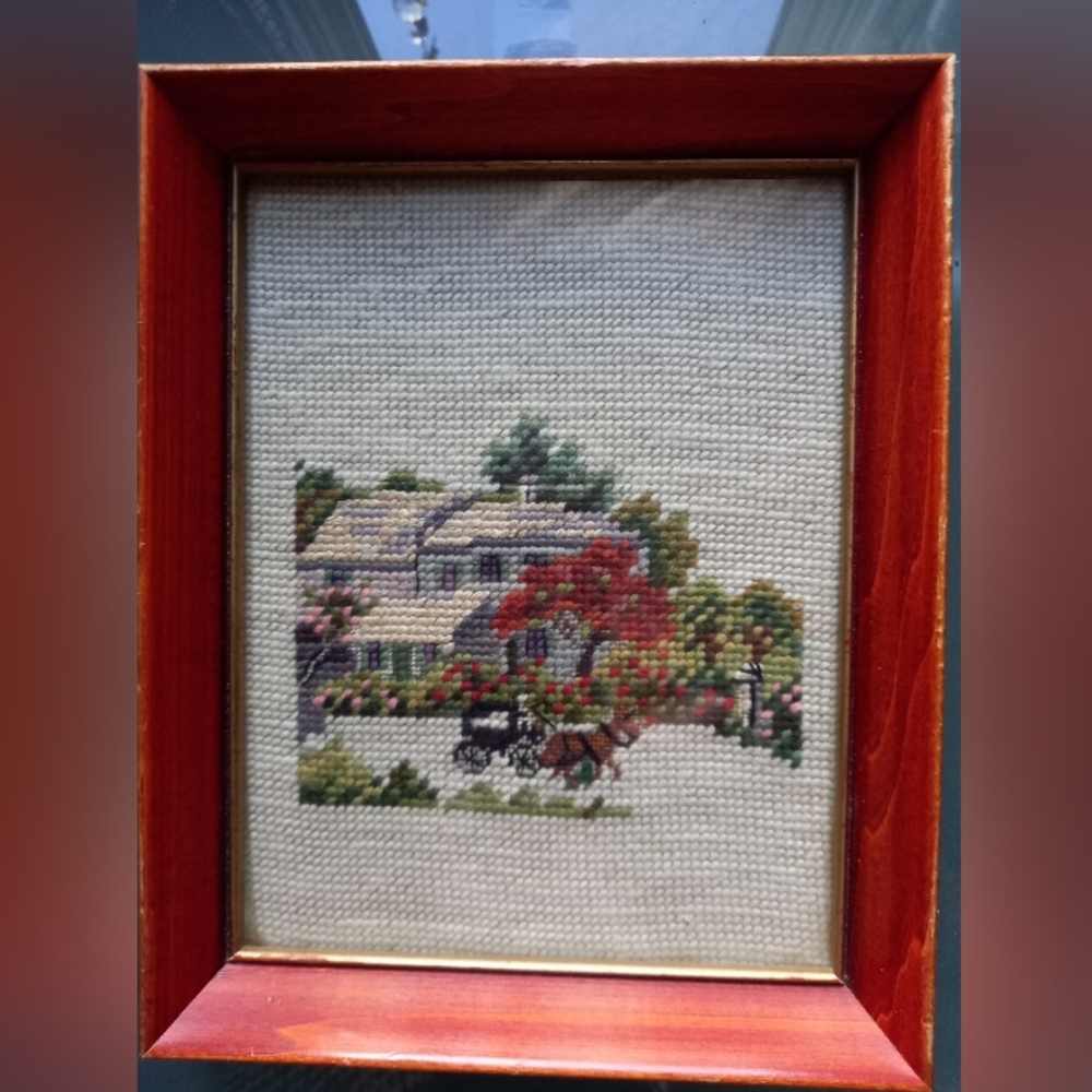 Vintage Fiber Art Framed Country House Scene